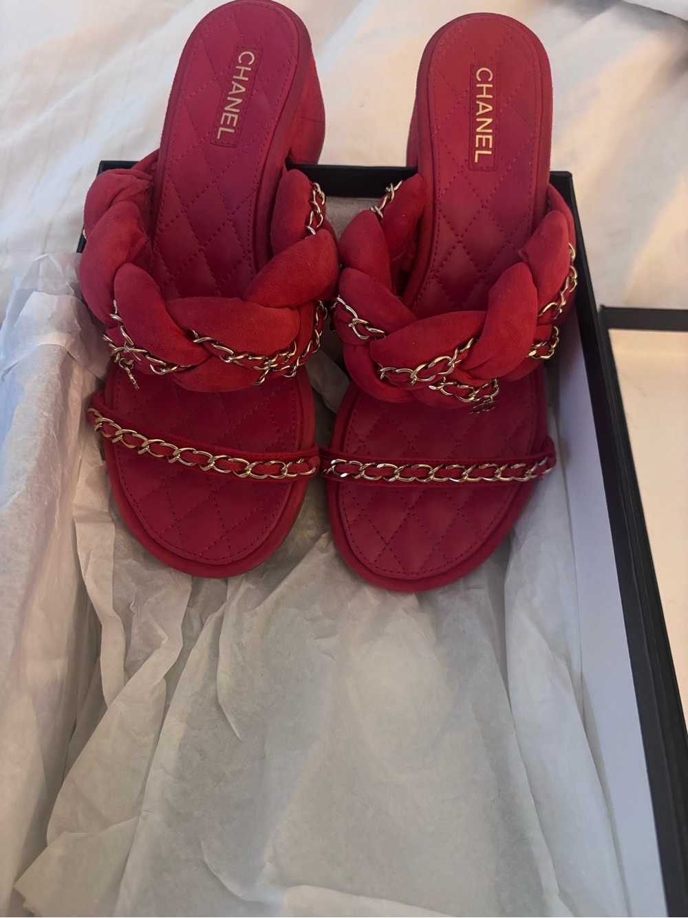 CHANEL Red Quilted Slide Mules with Gold Chain Trim - Picture 7 of 8